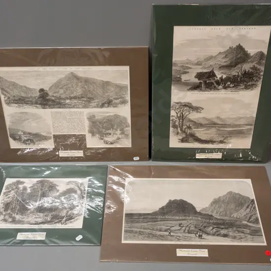 4 mat boards with mounted Illustrated London News illustrations of New Zealand Scenes circa 1864 - largest is H470 W340
