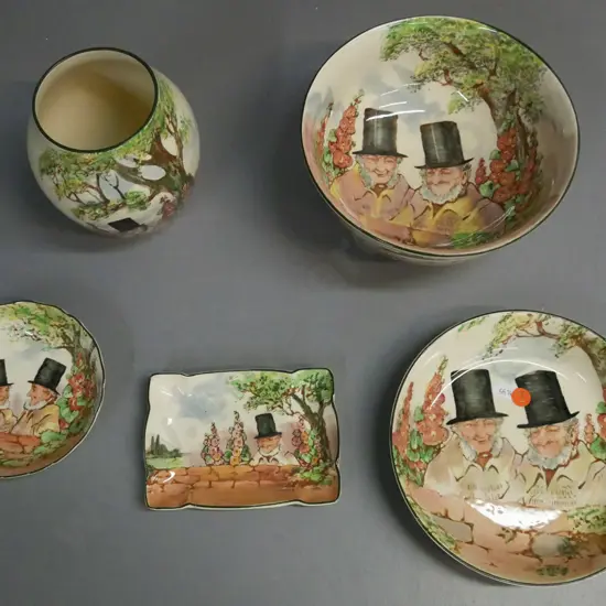 5x Royal Doulton Zunday Zmocks: footed bowl, vase, round dish, rectangular dish, bowl. Vase H-150 D-110