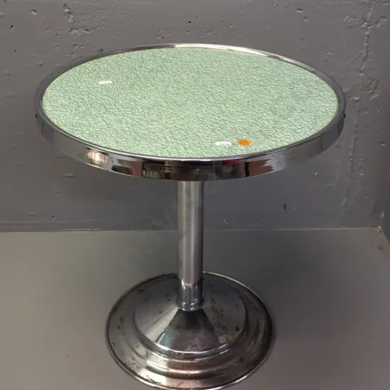 deco round chrome and mottled green formica side table - some pitting to chrome around base H-395 D-385