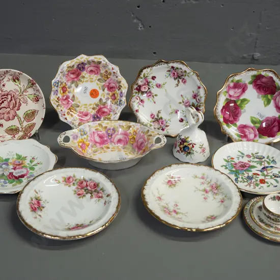 assorted small fine china items: Royal Albert, Paragon, Aynsley & other pin dishes, bell, handled dish and a Coalport
