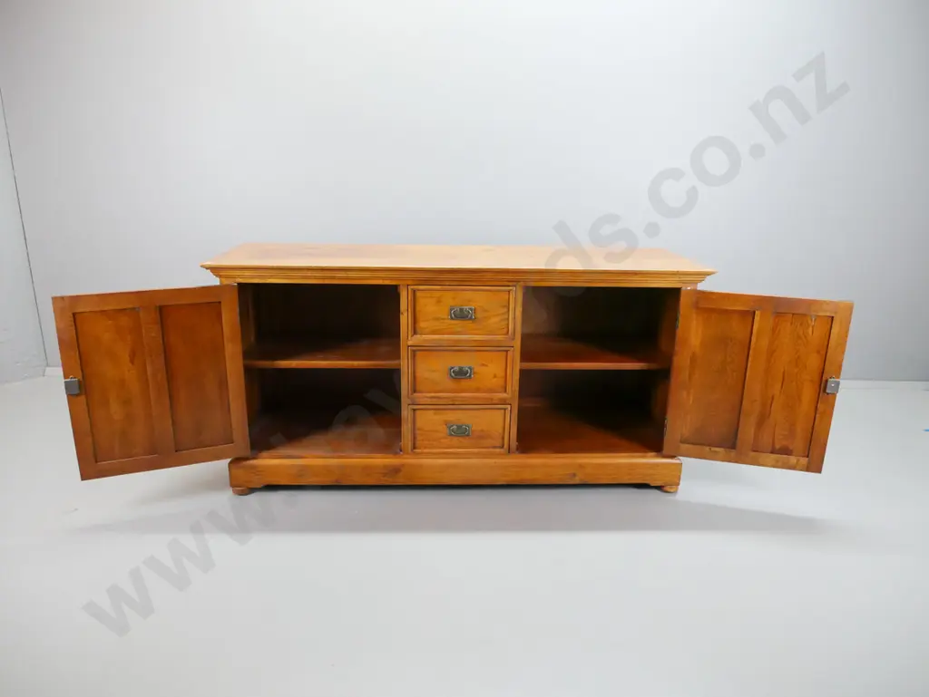 vintage style oak dresser w/ panelled sides, 2 panelled doors, 3 central drawers, brass plated hardware, on replacement Image 1++