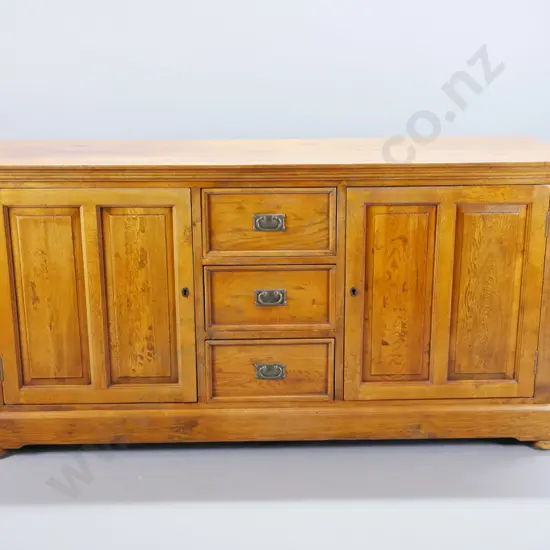 vintage style oak dresser w/ panelled sides, 2 panelled doors, 3 central drawers, brass plated hardware, on replacement