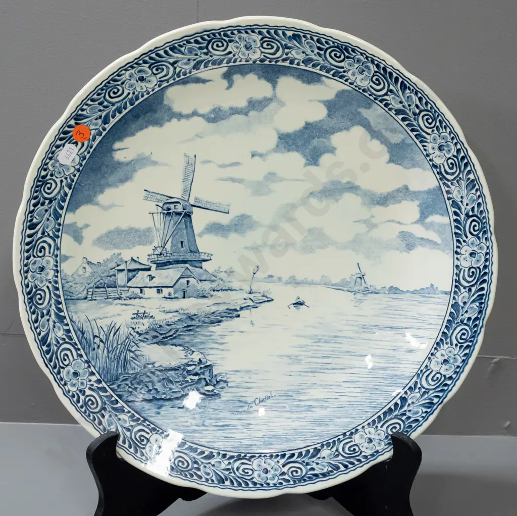 Boch Delfts blue and white charger with Windmill scene, with folding wood plate stand D-385 Image 1++