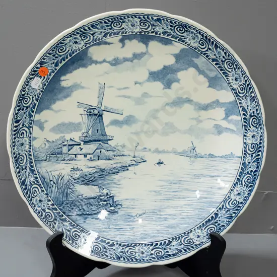Boch Delfts blue and white charger with Windmill scene, with folding wood plate stand D-385