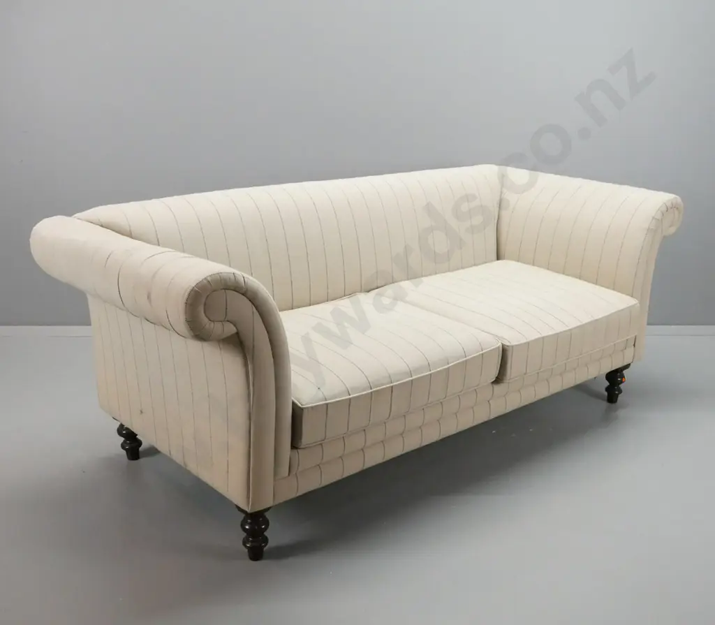 vintage rolled-arm 3-seater couch with squat turned feet, 2 loose squabs, reupholstered in striped fabric - some wear to Image 1++