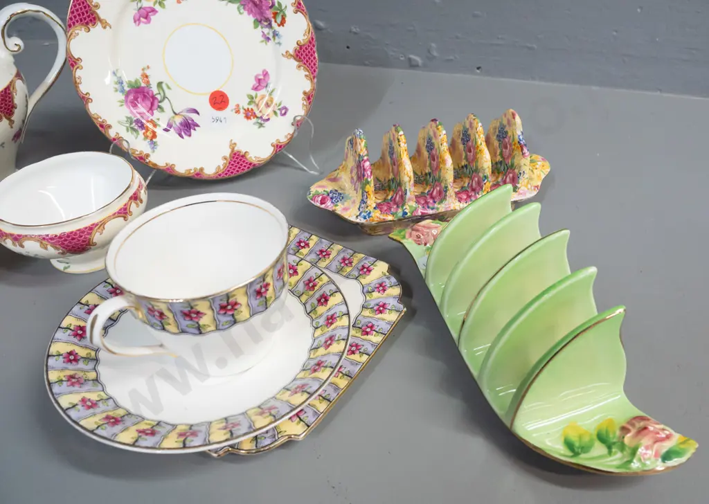 assorted English china - Aynsley teapot, cream, sugar and plate, Aynsley trio, Royal Winton toast rack and one other Image 1++