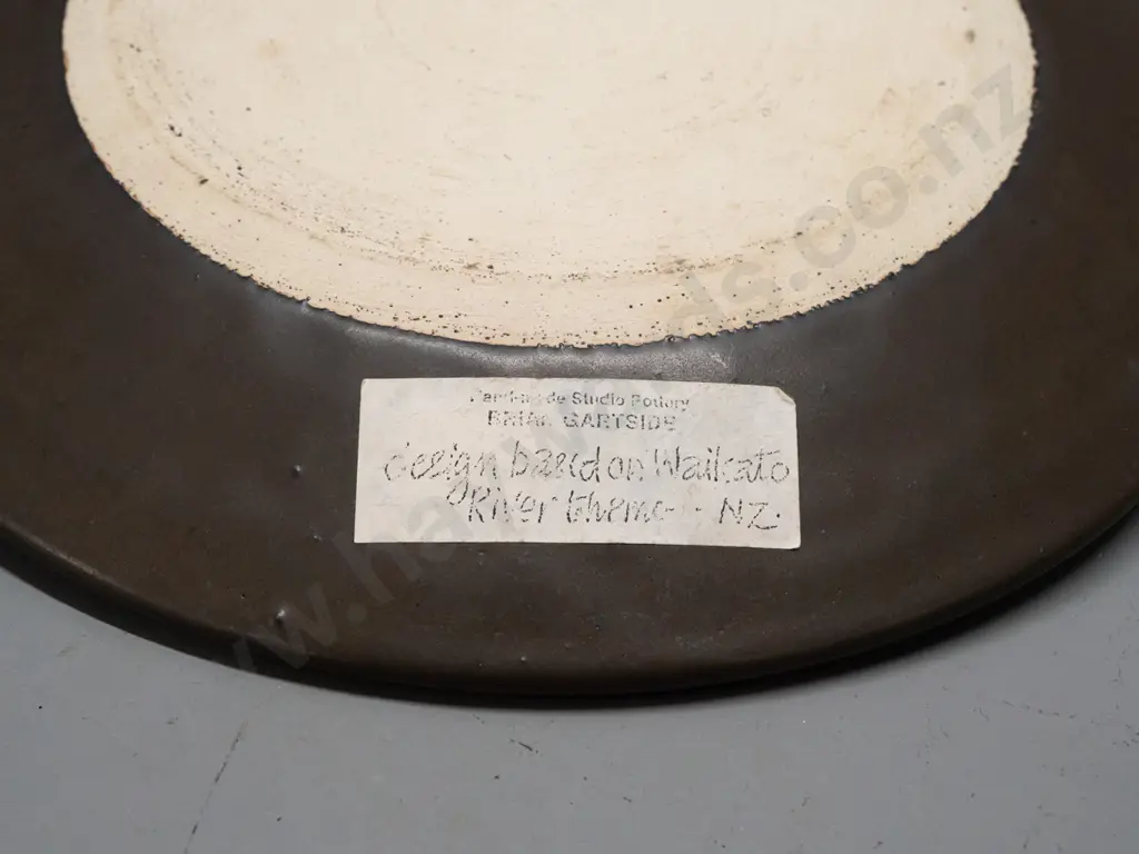 Brian Gartside studio pottery platter with paper label on back - Waikato River design theme D-300 Image 1++