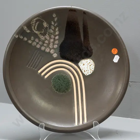 Brian Gartside studio pottery platter with paper label on back - Waikato River design theme D-300