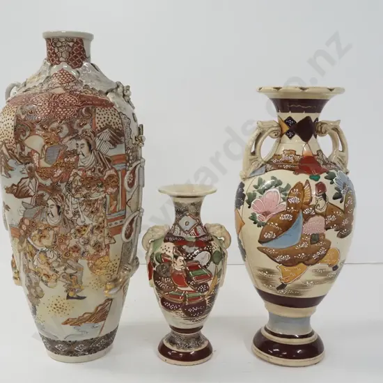 3 Satsuma vases - largest H-450 has damage to applied scrolling & handles, medium size has some staining.