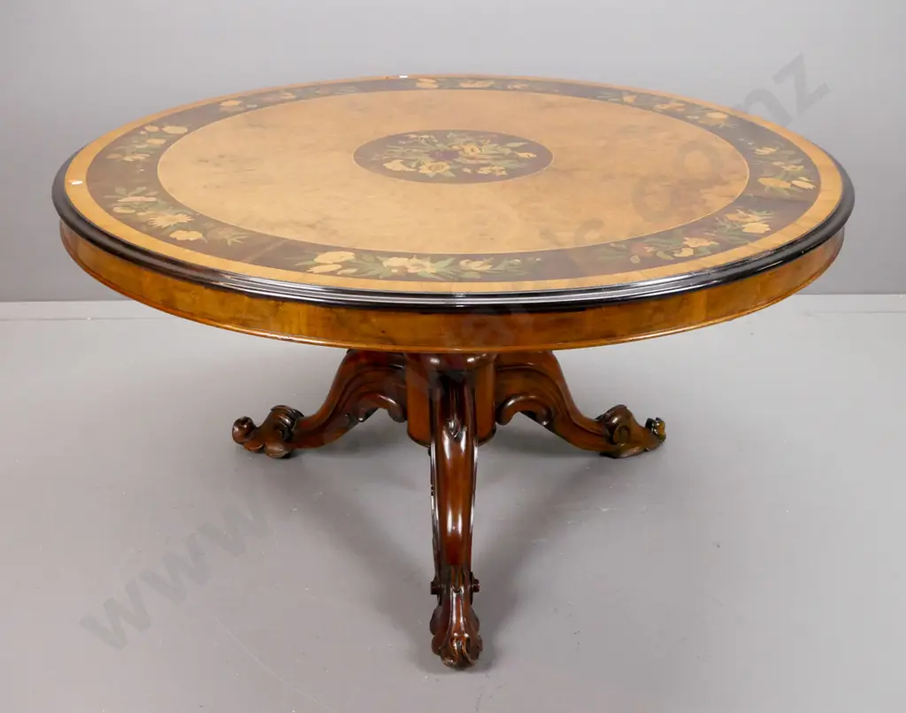 early Victorian walnut round topped centre table with harewood and fruitwood inlaid designs in top, working tilt top Image 1++