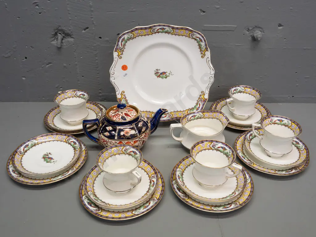 Arthur Woods small gilt imari style teapot and Paragon floral & pheasant motif part tea set - cake plate, 5 trios, jug, Image 1++