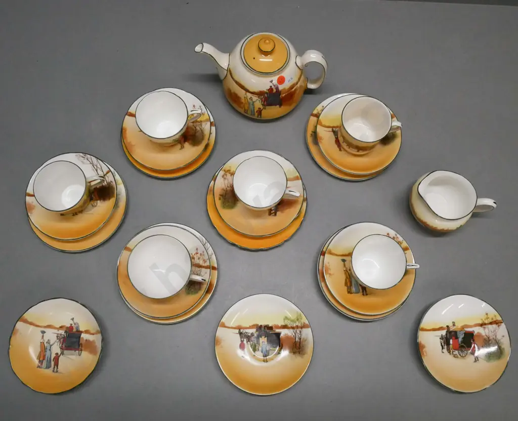 Royal Doulton coaching scenes tea set: teapot, cream jug, sugar dish, 6x mixed trios w/ different shaped teacups, 2x Image 1++