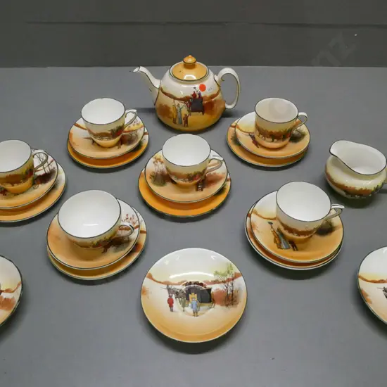 Royal Doulton coaching scenes tea set: teapot, cream jug, sugar dish, 6x mixed trios w/ different shaped teacups, 2x