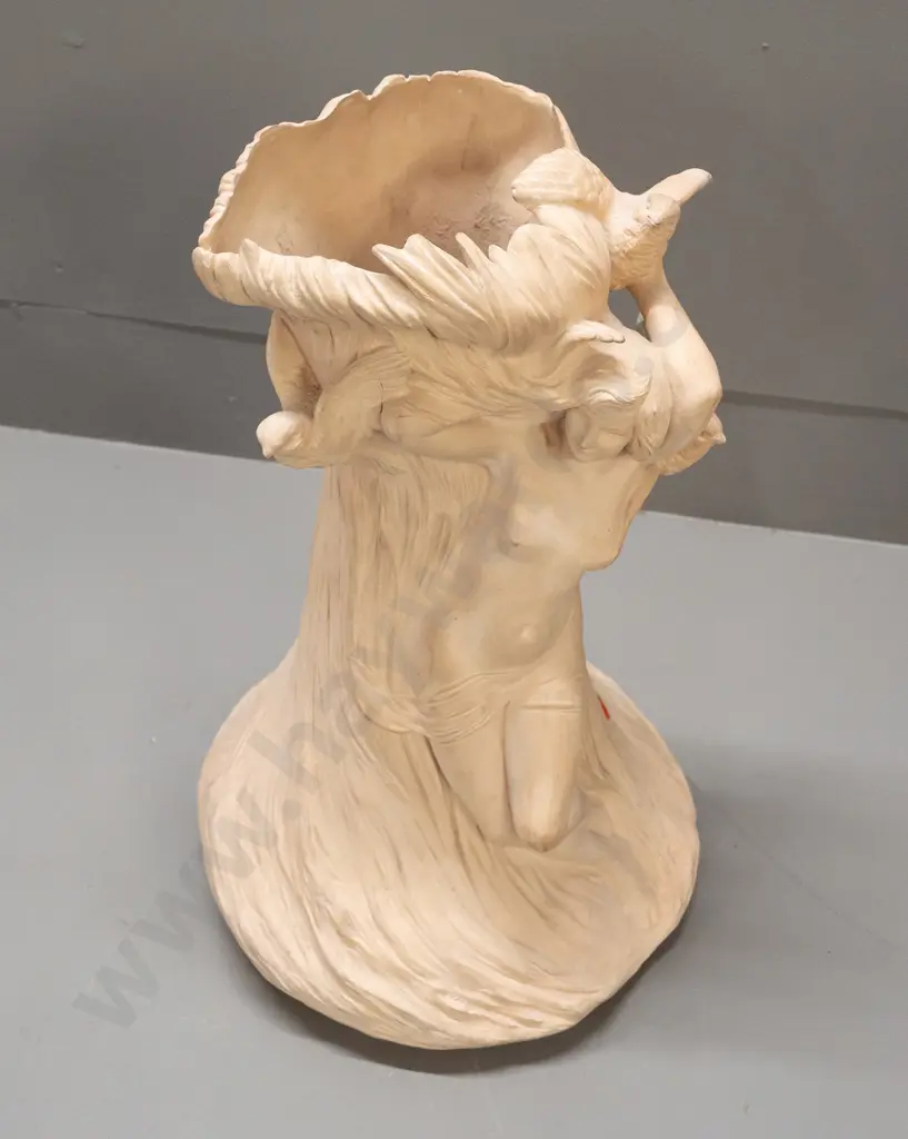 large art nouveau bisque pottery vase - maiden figure with doves, unknown mark on base. Minor chip to one bird, firing Image 1++