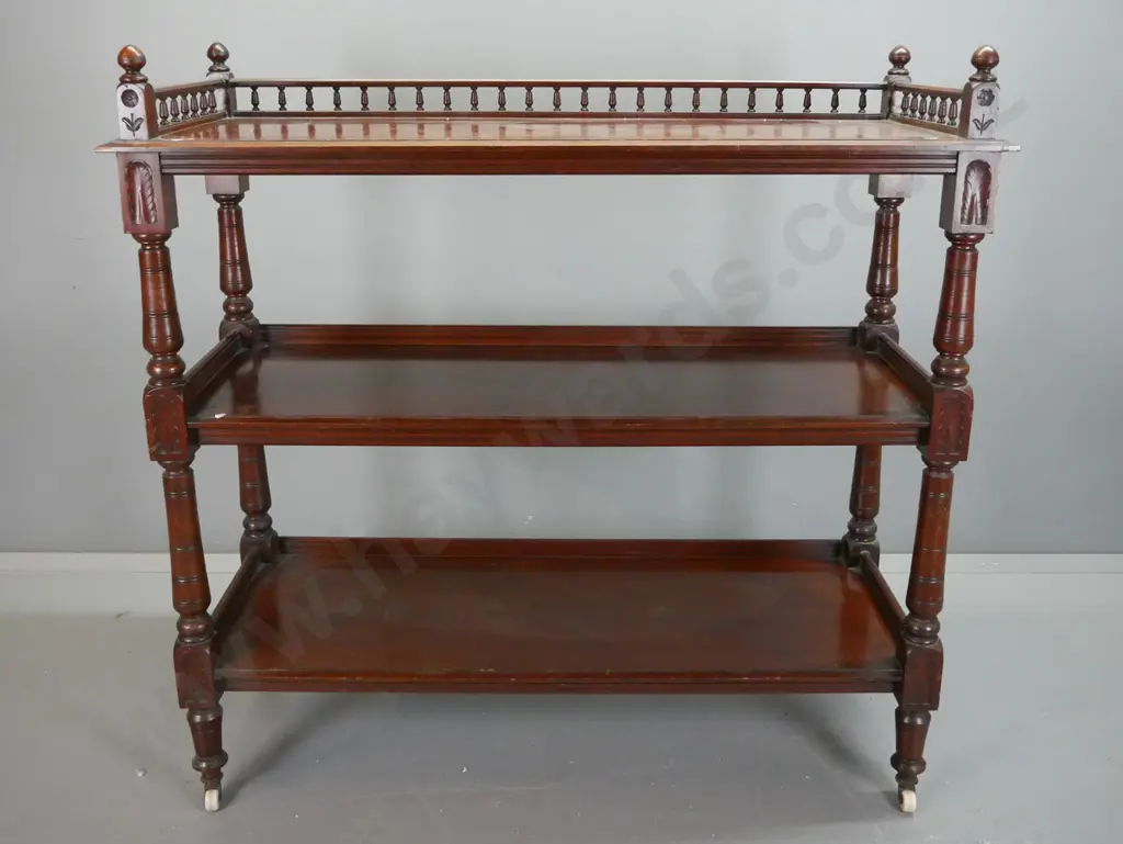Victorian 3-tier dumb waiter with turned top gallery w/corner finials, turned supports with foliate carved blocks, on Image 1++