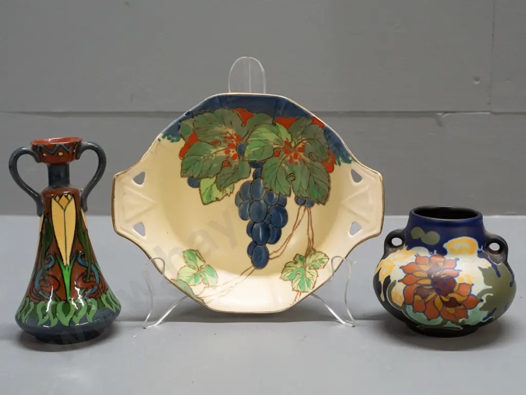 3 pieces of vintage pottery - The Foley "Intarsio" vase H-130, Gouda lug-handle vase, Royal Doulton dish with grape Image 1++