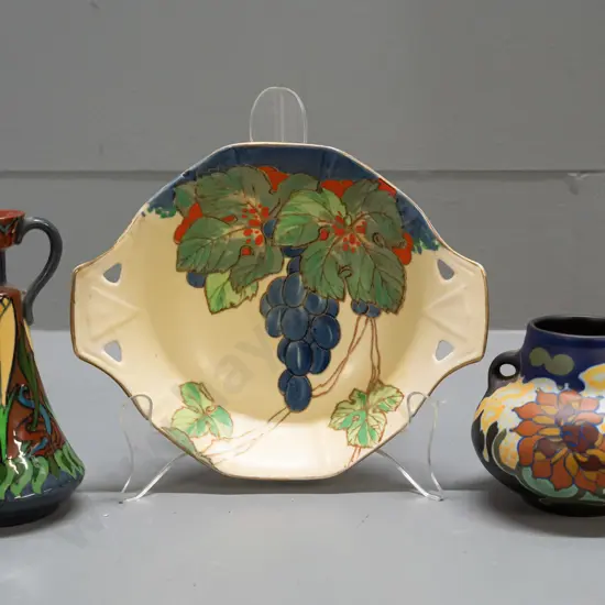 3 pieces of vintage pottery - The Foley "Intarsio" vase H-130, Gouda lug-handle vase, Royal Doulton dish with grape