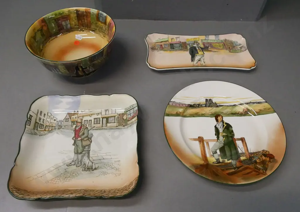 4x Royal Doulton Dickensware: Tray Bill Sykes marked Noke, Plate Sidney Carton, Sandwich Tray Captain Cuttle. Image 1++