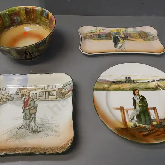 4x Royal Doulton Dickensware: Tray Bill Sykes marked Noke, Plate Sidney Carton, Sandwich Tray Captain Cuttle.