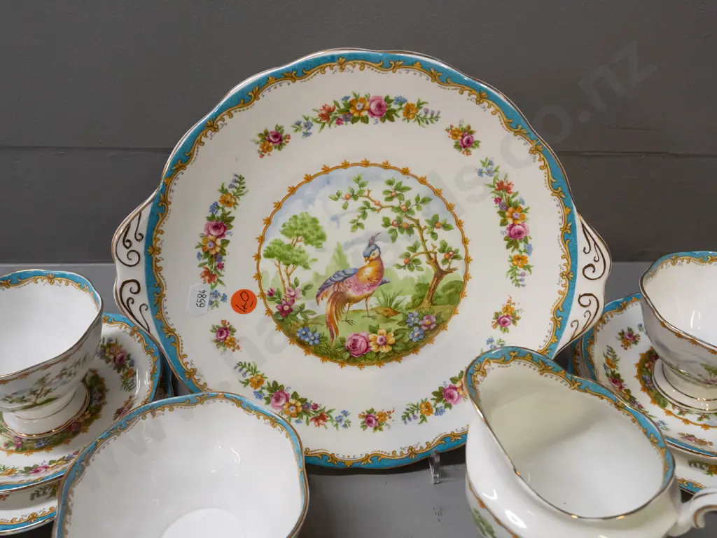 Royal Albert "Chelsea Bird" tea ware - 4 trios, cream, sugar & cake plate - minor wear to some gilding Image 1++