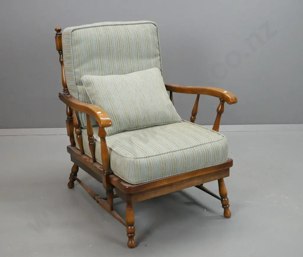 mid-century oak armchair with turned arm and back supports, turned legs and stretcher base, with loose fabric cushions, Image 1++