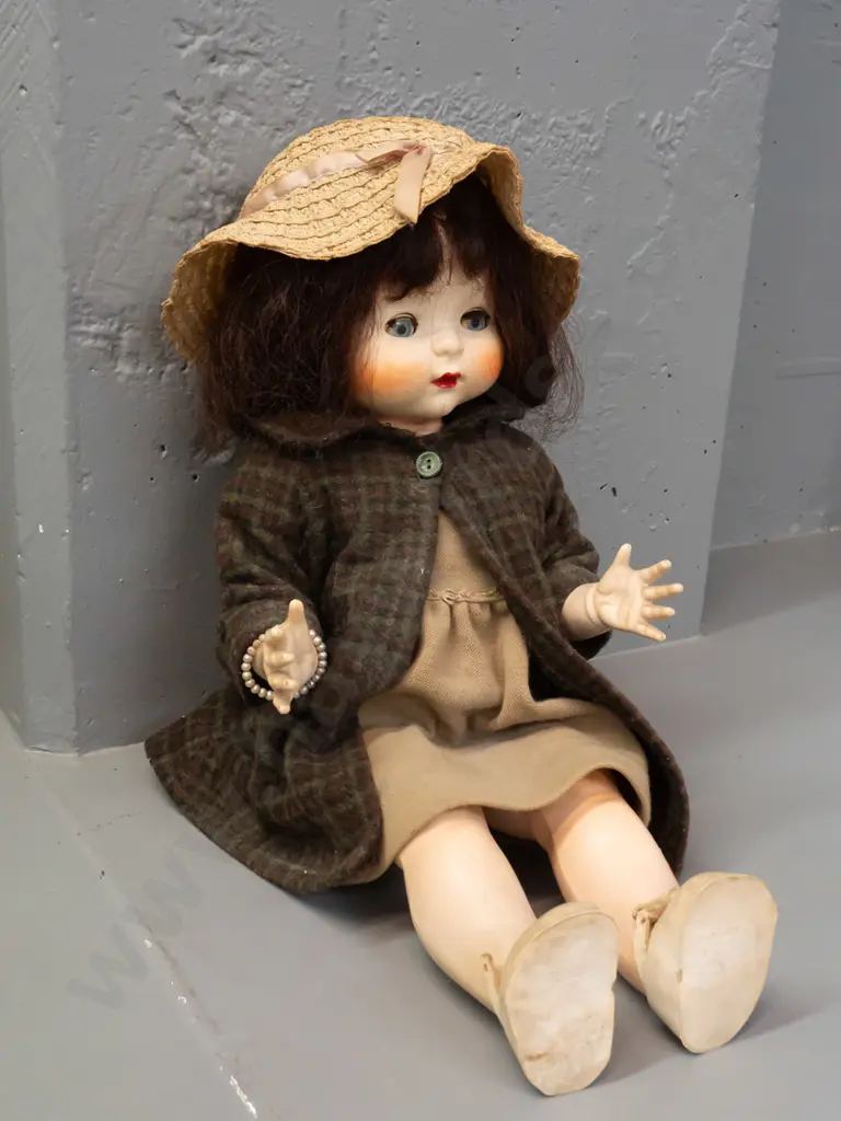 vintage Pedigree New Zealand doll with tweed coat, straw hat, open-and-close eyes, damage to one eyelash, missing one Image 1++