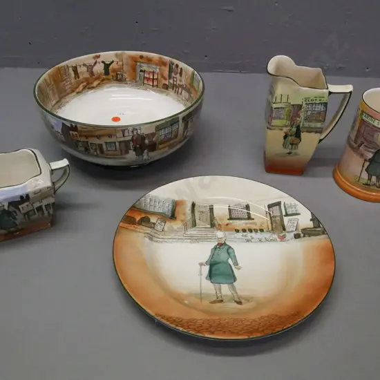 5x Royal Doulton Dickensware: large bowl; 2x jugs: Little Nell, Mr Micawber; sugar bowl Mr Micawber, plate Mr Micawber.