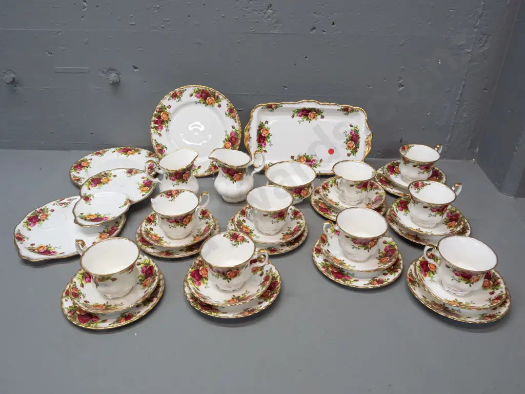Royal Albert Old Country Roses gilt rim tea set with 9 trios, 2 cake plates, sandwich plate, 2 jugs, sugar bowl, spare Image 1++