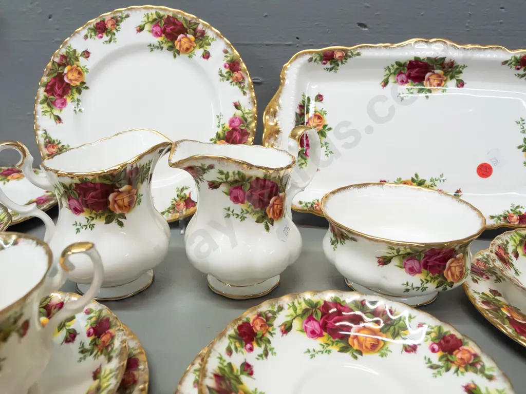 Royal Albert Old Country Roses gilt rim tea set with 9 trios, 2 cake plates, sandwich plate, 2 jugs, sugar bowl, spare Image 1++