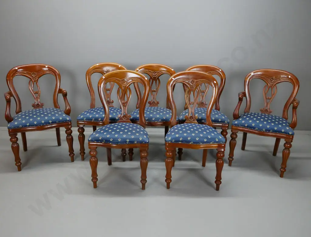 Indonesian mahogany reproduction D-end wind-out table, w/ 5 diners & 2 carvers balloon-backed pierced back splat on Image 1++