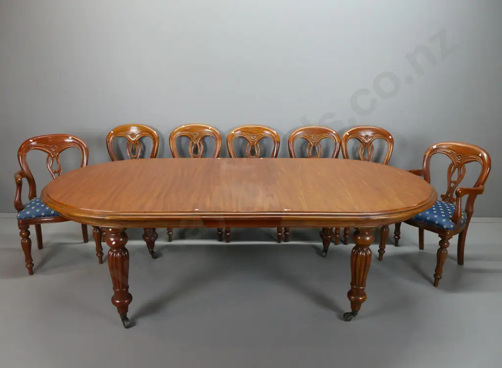 Indonesian mahogany reproduction D-end wind-out table, w/ 5 diners & 2 carvers balloon-backed pierced back splat on Image 1++