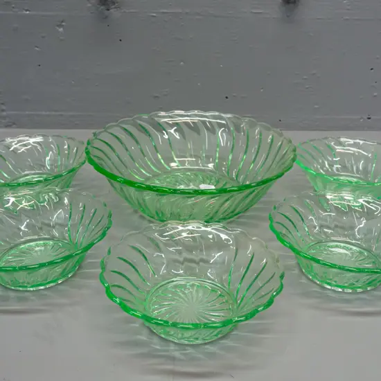 vintage moulded green uranium glass sweet set with one large and 5 small bowls. Large H-70 D-220
