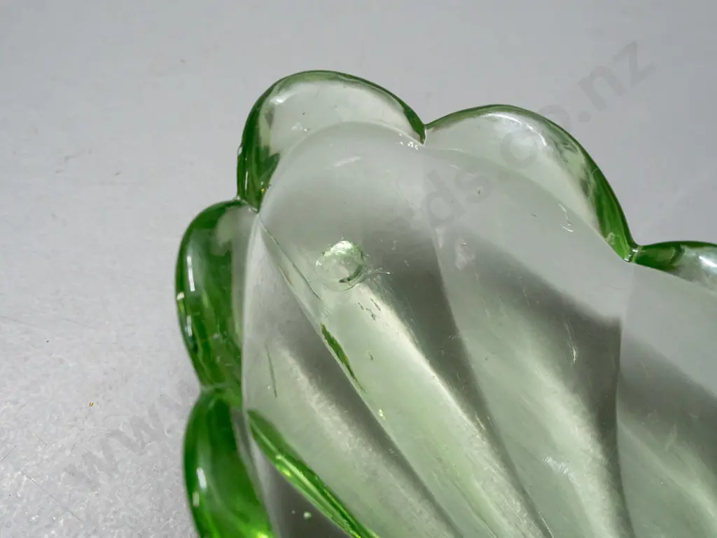 3 leaf shaped moulded green depression glass dishes - matching pair larger and one smaller. One larger has manufacturing Image 1++