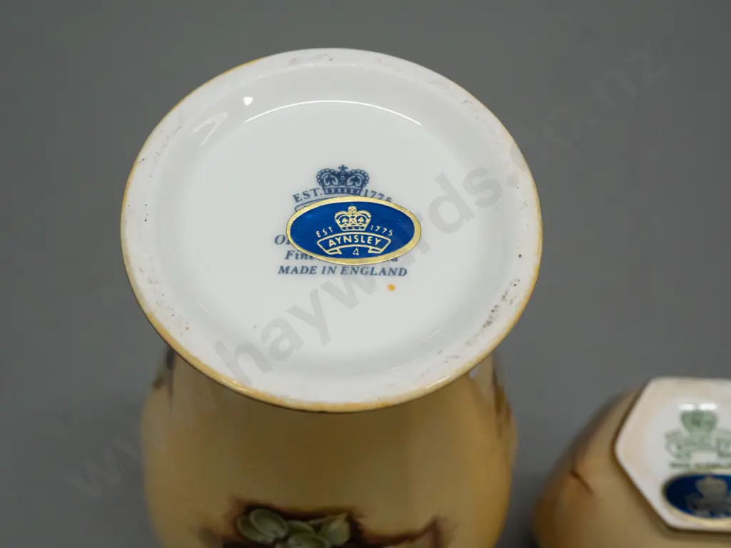 3 pieces of Aynsley Orchard Gold gilt & fruits pattern items - 2 vases and a pin dish, larger vase H-160 Image 1++