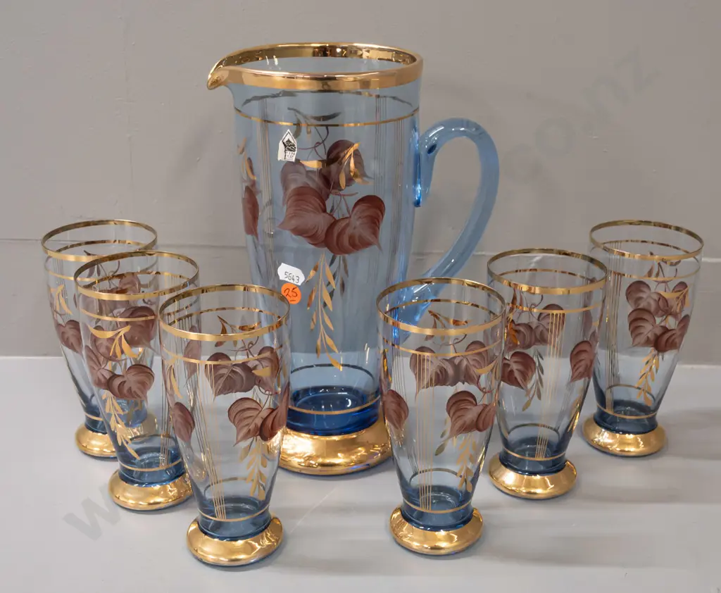 retro German water set - blue glass with gilt and hand painted decoration, jug with 6 tumblers - with worn part label: Image 1++