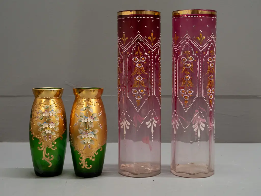 pair of Victorian cranberry & clear cylindrical glass vases with gilt and enamel decoration and a pair of green Bohemian Image 1++