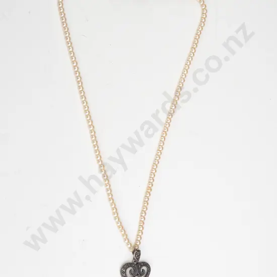 faux pearl necklace with garnet & marcasite heart clasp stamped 925