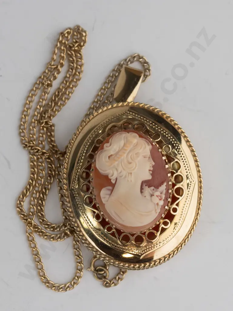 9ct / silver mount cameo pendant, gold plated chain Image 1++