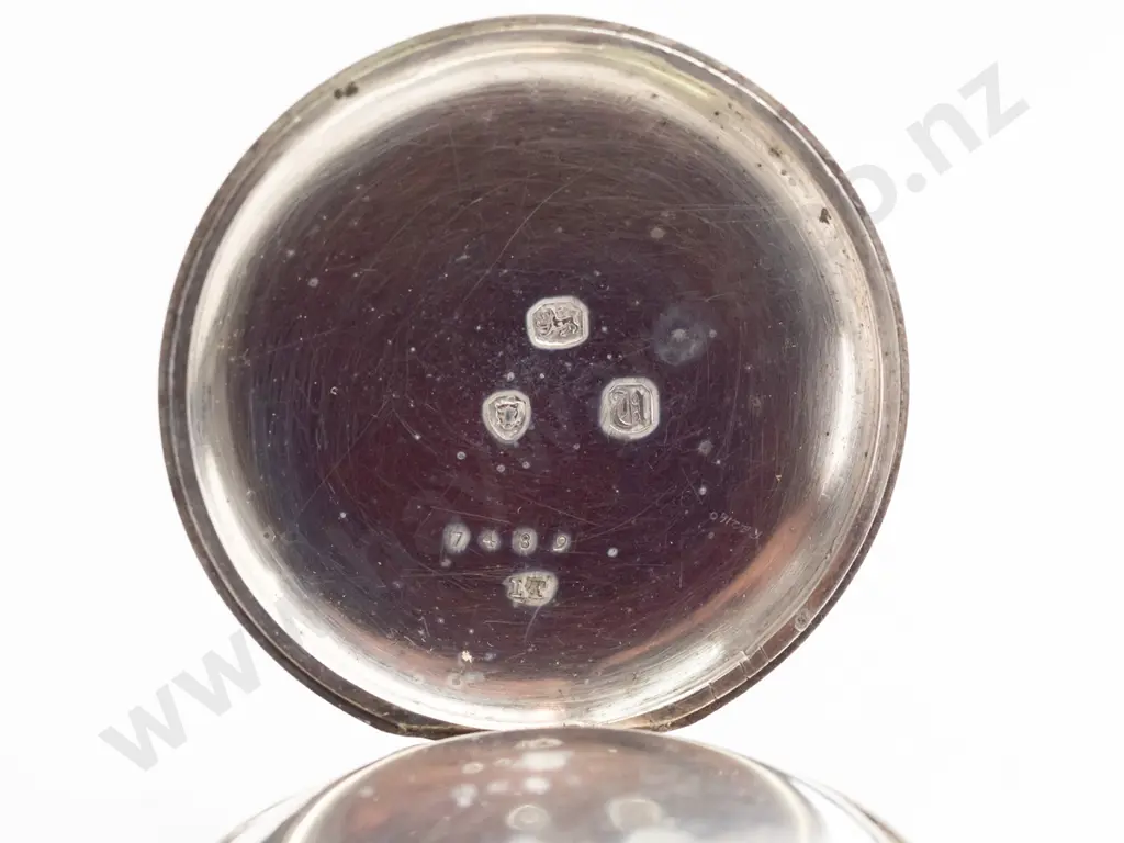 sterling silver pocket watch with short leather strap & 2 keys stamped lion, shield, H [?]  7489 Image 1++