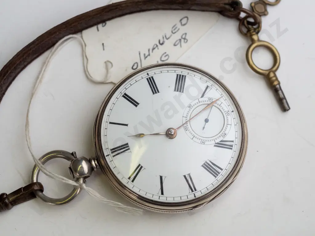 sterling silver pocket watch with short leather strap & 2 keys stamped lion, shield, H [?]  7489 Image 1++