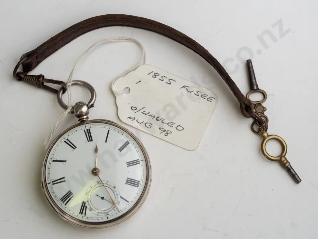 sterling silver pocket watch with short leather strap & 2 keys stamped lion, shield, H [?]  7489 Image 1++