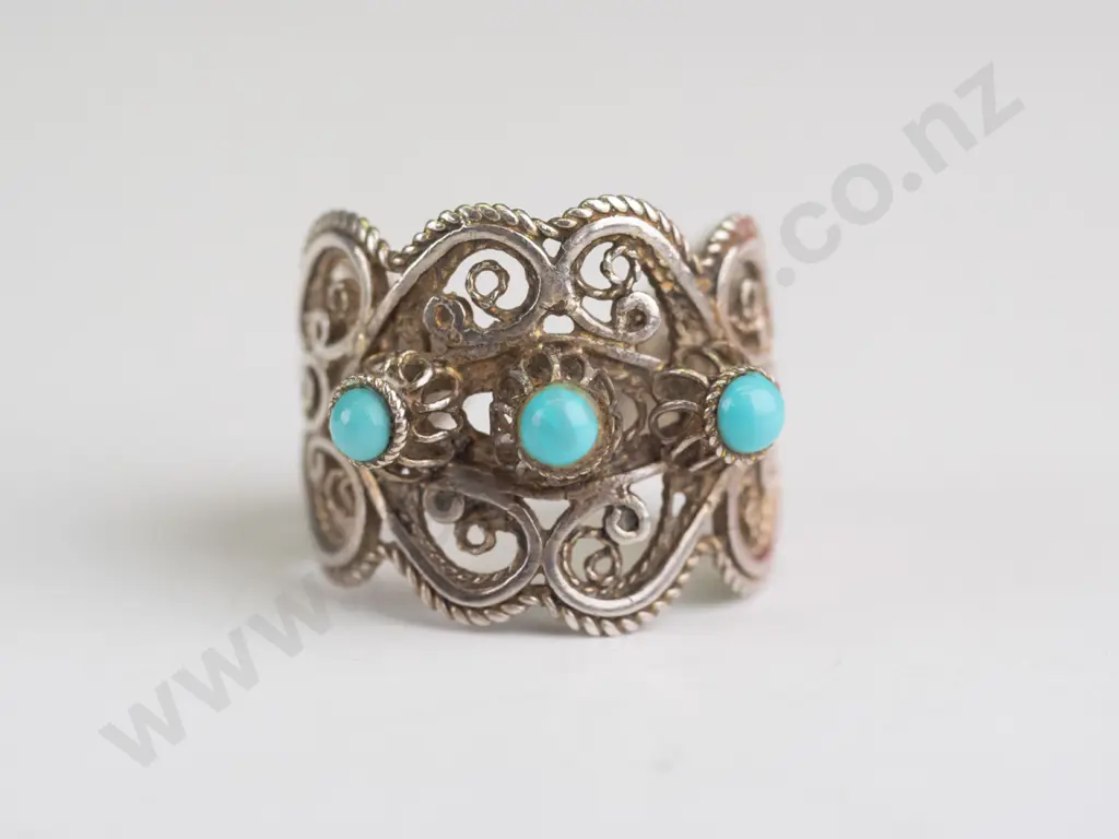 silver & turquoise filigree ring Image 1++