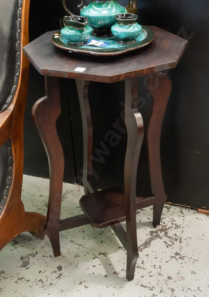 Vintage dark stained octagonal table with 4 shaped sweeping legs & shelf platform base H760 W470 Image 1++