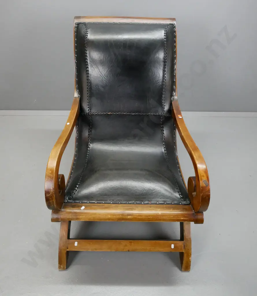 Asian hardwood Plantation Campeche chair with scrolling arms & black leather slung seat w/ leather cord stitching & dome Image 1++