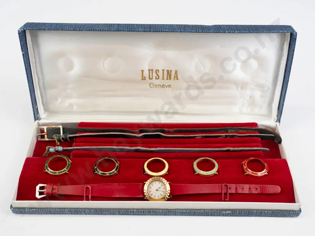 cased Lusina Geneve ladies watch 18k gold filled with 5 different extra coloured faces & 3 extra straps Image 1++