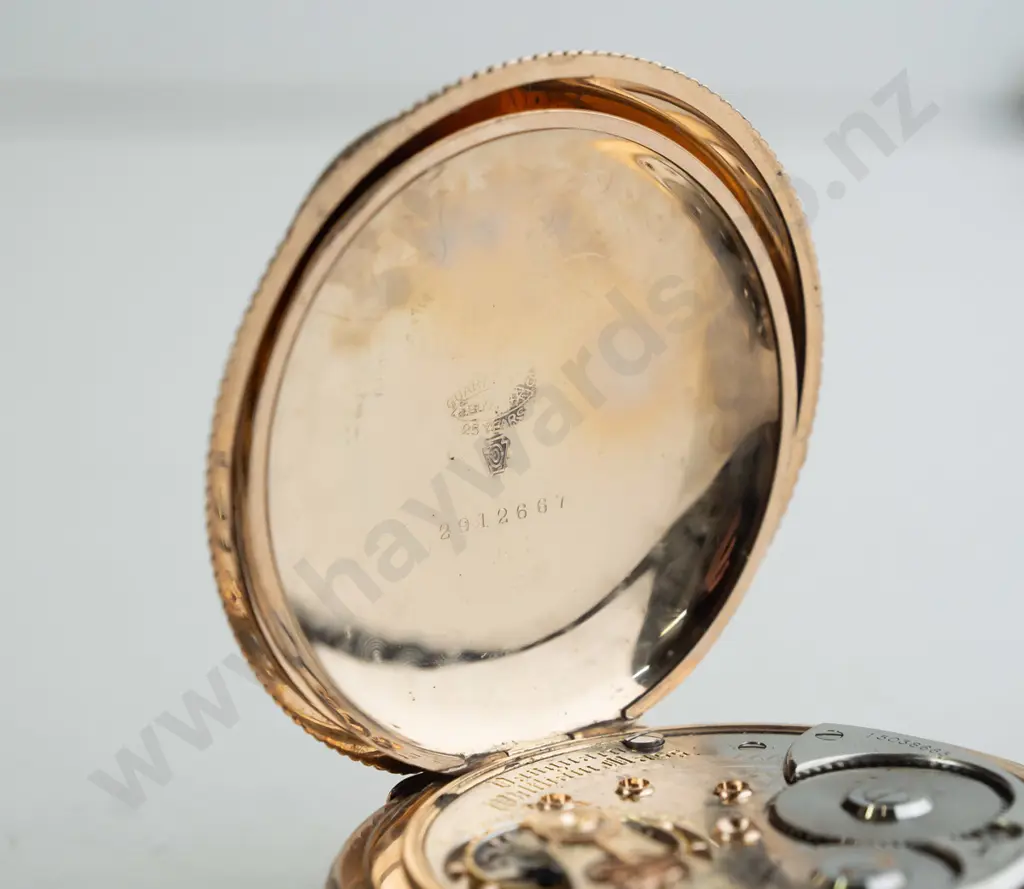 Waltham RG Hunter 1892 model "Vanguard" 14ct plated pocket watch - diamond endstones, jewelled barrel Image 1++