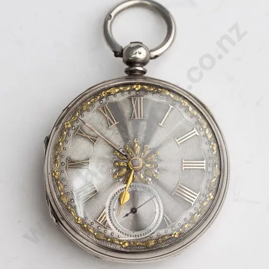 sterling silver pocket watch stamped lion, shield, B 29422