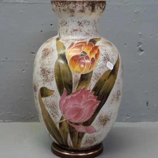 Edwardian hand painted glass vase with enameled flowers, gilt decoration - wear to gilt finish around top rim, some