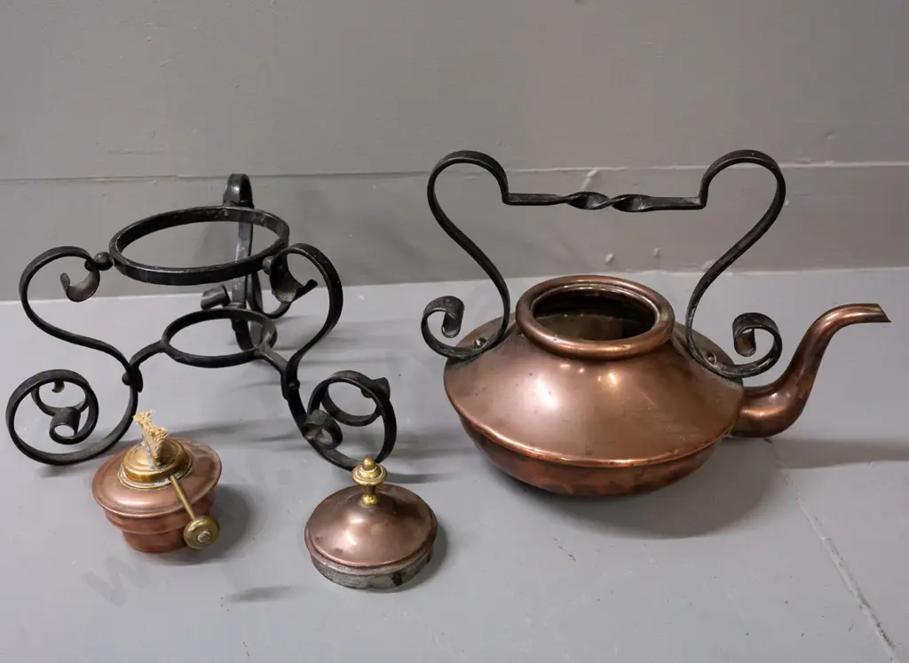 arts & crafts style copper spirit kettle with wrought iron stand and handles, copper burner with brass fittings. Some Image 1++