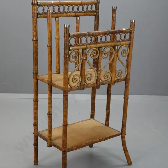 bamboo, art nouveau music/stand with woven decoration to front grill white metal caps to uprights, missing some pieces,